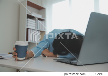 Tired teen girl rubbing dry irritable eyes feel eye strain tension migraine after computer work, exhausted young Asian woman student relieving headache pain, bad weak blurry vision, eyesight problem 115359919