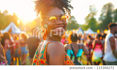 summer festival-goer in a vibrant outfit, standing against the backdrop of the festival 115360272