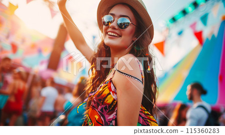 summer festival-goer in a vibrant outfit, standing against the backdrop of the festival 115360283