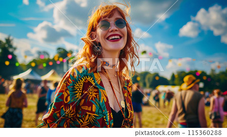 summer festival-goer in a vibrant outfit, standing against the backdrop of the festival 115360288