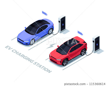 Isometric cars charging. Electric vehicle charging station with cars, eco transportation plug-in charging lot. Vector illustration Isometric cars charging. Electric vehicle charging station with cars, eco transportation plug-in charging lot. Vector illustration 115360614