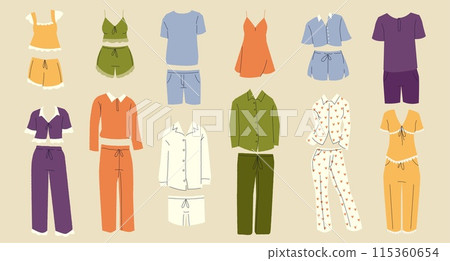 Pajamas. Cartoon kids sleepwear, funny pajama set with different models, cute nightgown clothes for bedtime. Vector isolated collection. Pajamas. Cartoon kids sleepwear, funny pajama set with different models, cute nightgown clothes for bedtime. Vector isolated collection. 115360654