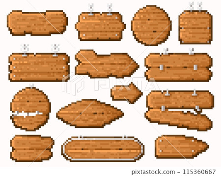 Wooden pixel signs. Retro 8 bit video game board frame, vintage blank banner panel, pixelated wooden panel and signpost. Vector isolated set. 115360667
