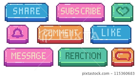 Social pixel media pixel banner. Retro 8 bit game UI interface, app website blog elements, like share subscribe comment buttons. Vector set. Social pixel media pixel banner. Retro 8 bit game UI interface, app website blog elements, like share subscribe comment buttons. Vector set. 115360683