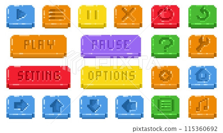 Pixel menu buttons. Retro video game interface icons, 8 bit game panel plus minus symbols, old school application buttons. Vector UI elements. 115360692