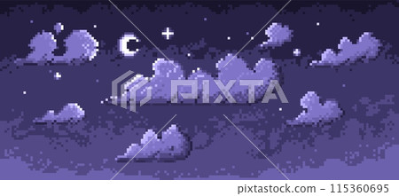 Pixel night sky. Retro low poly background with stars and clouds, nostalgic 8 bit space scene. Vector monochrome illustration. 115360695