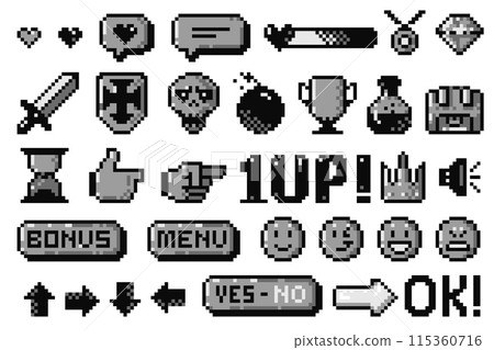 Black pixel game icons. 8 bit arcade game assets, simple cursor hand icons, health bar, UI buttons, emoticon faces. Vector isolated collection. 115360716
