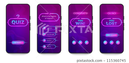 Mobile quiz game interface. Questionnaire template with multiple choice questions, exam test and evaluation app layout. Vector infographic design. 115360745