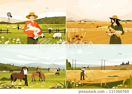Rural landscape with farmers. Farm landscape with agricultural workers collecting crops on crop fields in flat style. Vector illustration 115360769