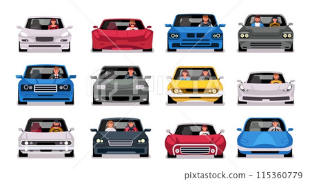 People in cars front view. Cartoon characters ride in different cars, family trip, man and woman driving in car, flat car transportation illustration 115360779