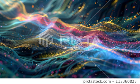 Abstract technology design with glowing digital waves. Futuristic blue background with dynamic flow and bright energy. Creative illustration for science, business, information concepts. Abstract technology design with glowing digital waves. Futuristic blue background with dynamic flow and bright energy. Creative illustration for science, business, information concepts. 115360823
