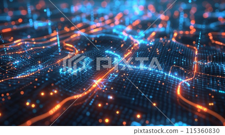 Networking and server technology in cyberspace. Futuristic global connectivity with smart city elements. Modern urban design featuring high-tech, digital communication, electronic infrastructure. Networking and server technology in cyberspace. Futuristic global connectivity with smart city elements. Modern urban design featuring high-tech, digital communication, electronic infrastructure. 115360830