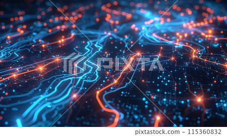 Networking and server technology in cyberspace. Futuristic global connectivity with smart city elements. Modern urban design featuring high-tech, digital communication, electronic infrastructure. Networking and server technology in cyberspace. Futuristic global connectivity with smart city elements. Modern urban design featuring high-tech, digital communication, electronic infrastructure. 115360832