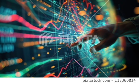 Futuristic AI technology with a glowing hand touching a digital network. Abstract data flow in vibrant cyberspace. Ideal for innovation, online connections, virtual systems in global finance and tech. 115360834