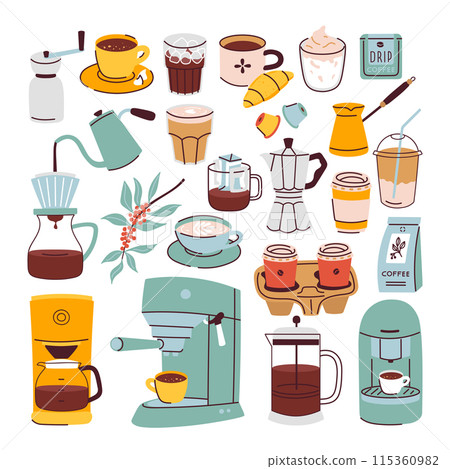 Hot and cold different types of coffee drinks set Hot and cold different types of coffee drinks set 115360982