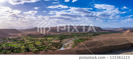 View of Ouarzazate from the Kasbah of Ait Ben Haddou. River dry season. View of Ouarzazate from the Kasbah of Ait Ben Haddou. River dry season. 115361223