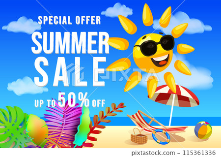 Summer sale banner Sun cartoon character on the beach, in sunglasses Summer sale banner Sun cartoon character on the beach, in sunglasses 115361336