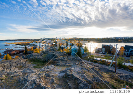 View of the Yellowknife Old Town from The Rock, a six-storey hill where the Yellowknife old town's original water tower once stood. Yellowknife, Canada. 115361399