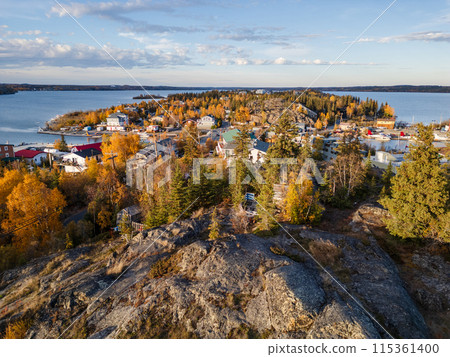 View of the Yellowknife Old Town from The Rock, a six-storey hill where the Yellowknife old town's original water tower once stood. Yellowknife, Canada. 115361400