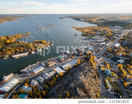 Aerial view of Yellowknife Bay and Old Town in Autumn. Yellowknife, Great Slave Lake, Northwest Territories, Canada. 115361403