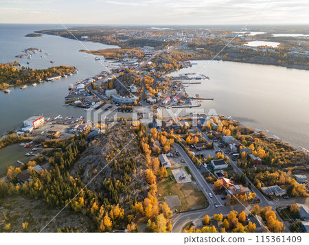 Aerial view of Yellowknife Bay and Old Town in Autumn. Yellowknife, Great Slave Lake, Northwest Territories, Canada. 115361409