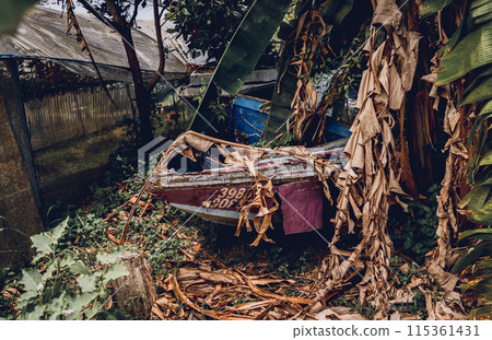 Old and rusty motor boats on a landfill surrounded by tropical forest 115361431