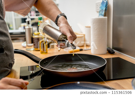 Chef at the kitchen preparing quesadillas with tofu and sweet corn 115361506