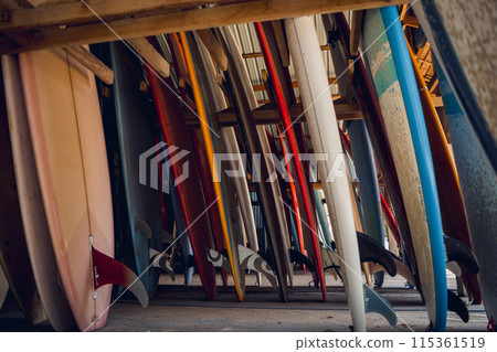 A variety of surfboards are neatly displayed on a stand A variety of surfboards are neatly displayed on a stand 115361519