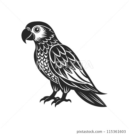 Tropical parrot bird. Black silhouette on a white background. Engraving, tattoo. Illustration Tropical parrot bird. Black silhouette on a white background. Engraving, tattoo. Illustration 115361603