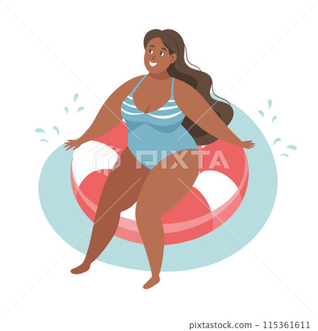 Summer holidays time. Happy woman in a swimsuit with a swimming ring. Beach holiday and relaxation. Concept illustration. Vector Summer holidays time. Happy woman in a swimsuit with a swimming ring. Beach holiday and relaxation. Concept illustration. Vector 115361611