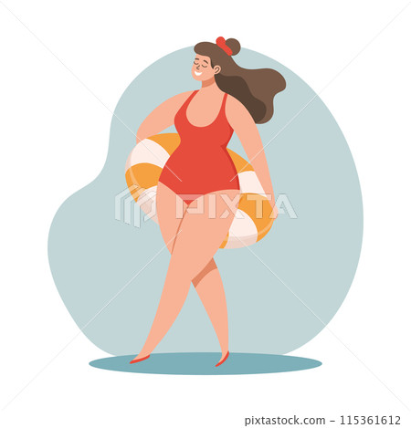 Summer holidays time. Happy woman in a swimsuit with a swimming ring. Beach holiday and relaxation. Concept illustration. Vector Summer holidays time. Happy woman in a swimsuit with a swimming ring. Beach holiday and relaxation. Concept illustration. Vector 115361612
