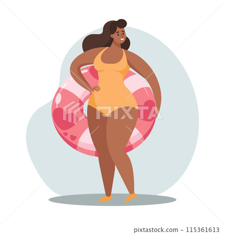 Summer holidays time. Happy woman in a swimsuit with a swimming ring. Beach holiday and relaxation. Concept illustration. Vector Summer holidays time. Happy woman in a swimsuit with a swimming ring. Beach holiday and relaxation. Concept illustration. Vector 115361613