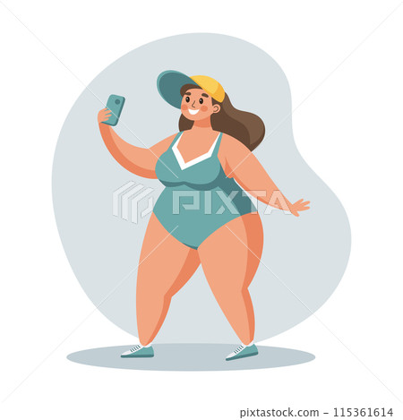 Summer holidays time. Happy woman taking a selfie with a smartphone. Beach vacation and relax. Concept illustration. Vector Summer holidays time. Happy woman taking a selfie with a smartphone. Beach vacation and relax. Concept illustration. Vector 115361614