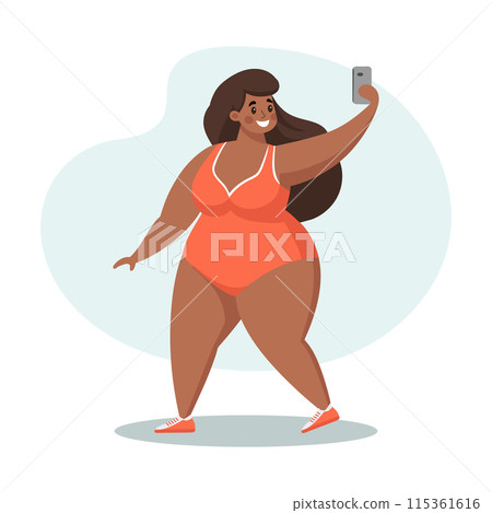 Summer holidays time. Happy woman taking a selfie with a smartphone. Beach vacation and relax. Concept illustration. Vector 115361616