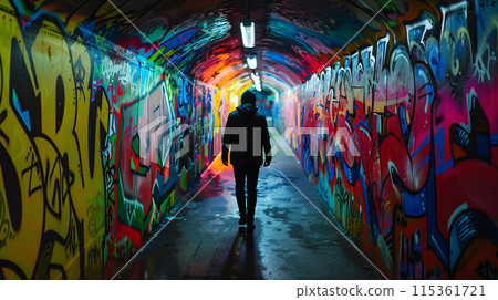 a solitary figure walking through a corridor of vibrant graffiti-covered walls, their silhouette illuminated by the colorful street art 115361721
