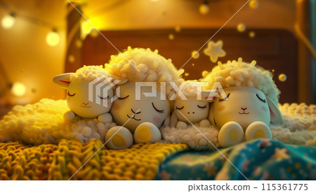 Adorable Cartoon Sheep In Graphic Sleeping At A Sleepover Party. A Whimsical And Charming Illustration Perfect For Children'S Designs. Adorable Cartoon Sheep In Graphic Sleeping At A Sleepover Party. A Whimsical And Charming Illustration Perfect For Children'S Designs. 115361775