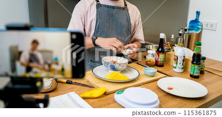 The chef is broadcasting live from workshop how to prepare a vegetarian food The chef is broadcasting live from workshop how to prepare a vegetarian food 115361875