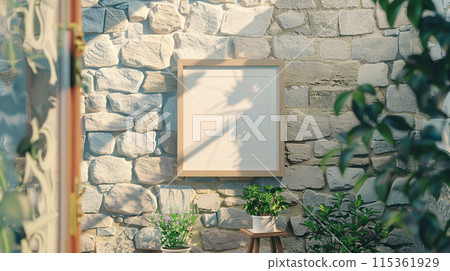 smooth light-wooden photo frame hung on a country-side wall smooth light-wooden photo frame hung on a country-side wall 115361929