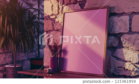 smooth light-wooden photo frame hung on a country-side wall smooth light-wooden photo frame hung on a country-side wall 115361959