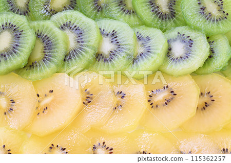 Arrange the green and gold kiwi slices in two rows horizontally. 115362257