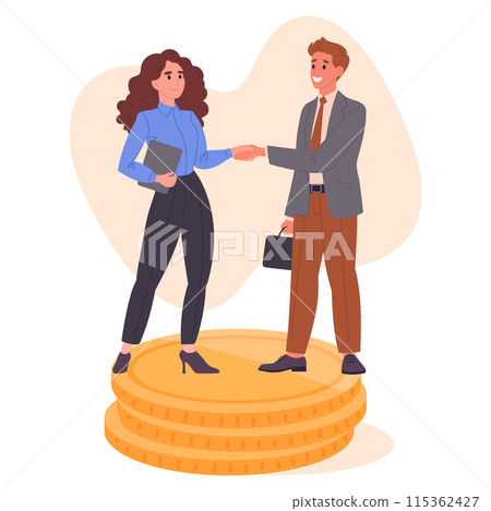 Business people salary equality. Office workers shaking hands on dollar coins stacks, financial well-being flat vector illustration. Revenue equality concept Business people salary equality. Office workers shaking hands on dollar coins stacks, financial well-being flat vector illustration. Revenue equality concept 115362427