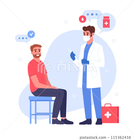 Doctor gives injection to patient. Male nurse vaccinating patient in clinic, doctor holds syringe before giving vaccine flat vector illustration. Healthcare and medicine concept Doctor gives injection to patient. Male nurse vaccinating patient in clinic, doctor holds syringe before giving vaccine flat vector illustration. Healthcare and medicine concept 115362438