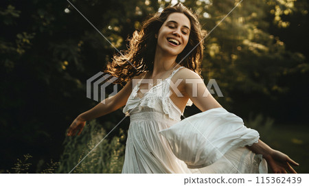 a woman in a crisp white summer dress, twirling gracefully with a radiant smile, her arms outstretched as if embracing the warmth of the sun a woman in a crisp white summer dress, twirling gracefully with a radiant smile, her arms outstretched as if embracing the warmth of the sun 115362439