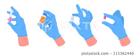 Doctors hands. Therapist hands in rubber gloves, medical worker hands holding medical drugs and injectable suspensions flat vector illustration set. Medicines in doctors hands Doctors hands. Therapist hands in rubber gloves, medical worker hands holding medical drugs and injectable suspensions flat vector illustration set. Medicines in doctors hands 115362440