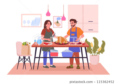 Food preparation at home. Cooking family, woman and man cooking together flat vector illustration. Home cooking scene 115362452