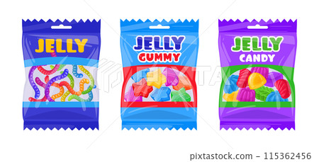Gummy chewy jelly candies bags. Chewy jelly candy sweets with fruit flavor flat vector illustration set. Fruity gummy packages Gummy chewy jelly candies bags. Chewy jelly candy sweets with fruit flavor flat vector illustration set. Fruity gummy packages 115362456