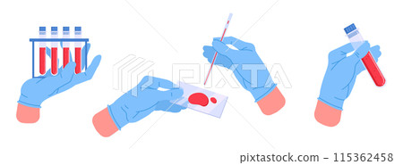 Hands holding test tubes with blood. Lab worker hands in rubber gloves with blood test tubes flat vector illustration set. Laboratory assistant holding medical equipment Hands holding test tubes with blood. Lab worker hands in rubber gloves with blood test tubes flat vector illustration set. Laboratory assistant holding medical equipment 115362458