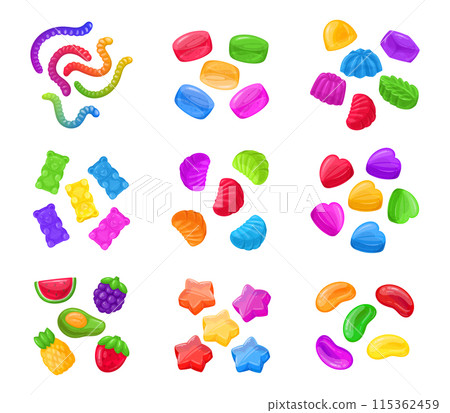 Jelly candies. Cartoon fruity gummy, delicious chewy sweets with various flavors flat vector illustration set. Jelly sweets collection 115362459