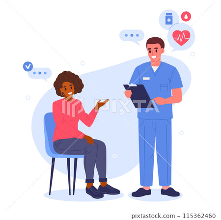 Male doctor and patient. Hospital professional worker advises female patient flat vector illustration. Medical doctor appointment concept Male doctor and patient. Hospital professional worker advises female patient flat vector illustration. Medical doctor appointment concept 115362460