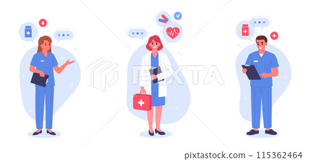 Medical doctors. Hospital professional staff, doctor consultation, tests and medical research, medical clinic workers flat vector illustration set. Healthcare and medicine concept Medical doctors. Hospital professional staff, doctor consultation, tests and medical research, medical clinic workers flat vector illustration set. Healthcare and medicine concept 115362464